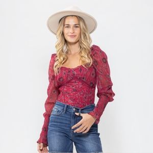 $128 free people brunch date body suit red floral puff sleeve ruched details red